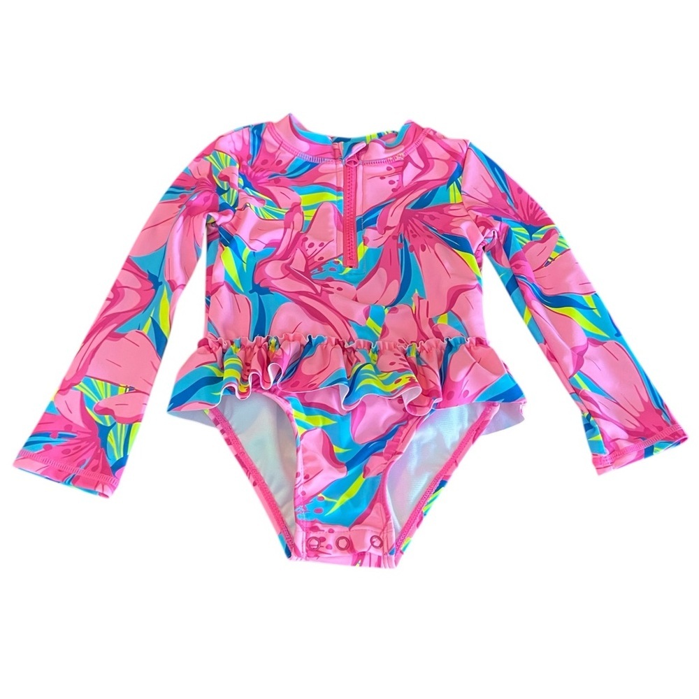 Tommy Bahama Pink Bow Pattern Long-Sleeve Ruffle One-Piece Rashguard